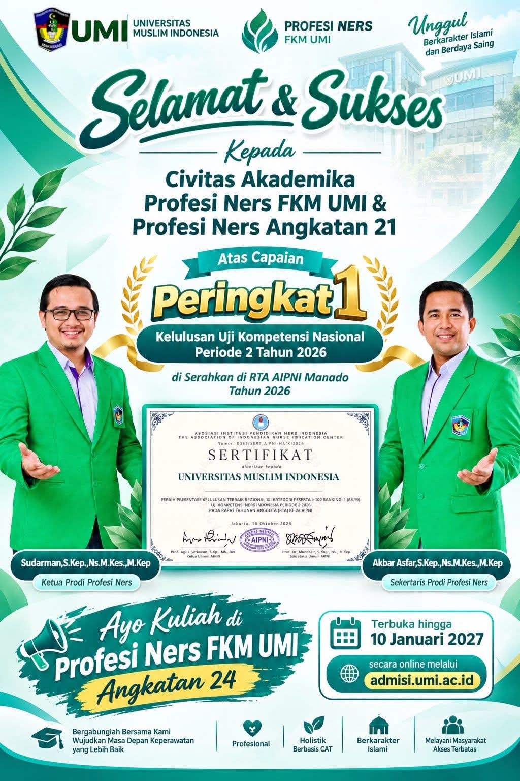 Profesi Ners FKM UMI Raih Peringkat 1 Kelulusan Uji Kompetensi Nasional Periode 2 Tahun 2026